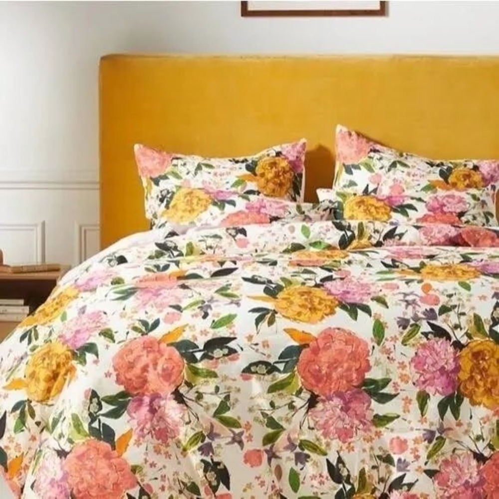 Anthropologie Sora Organic Sateen Duvet Cover Queen Floral Pink Yellow White